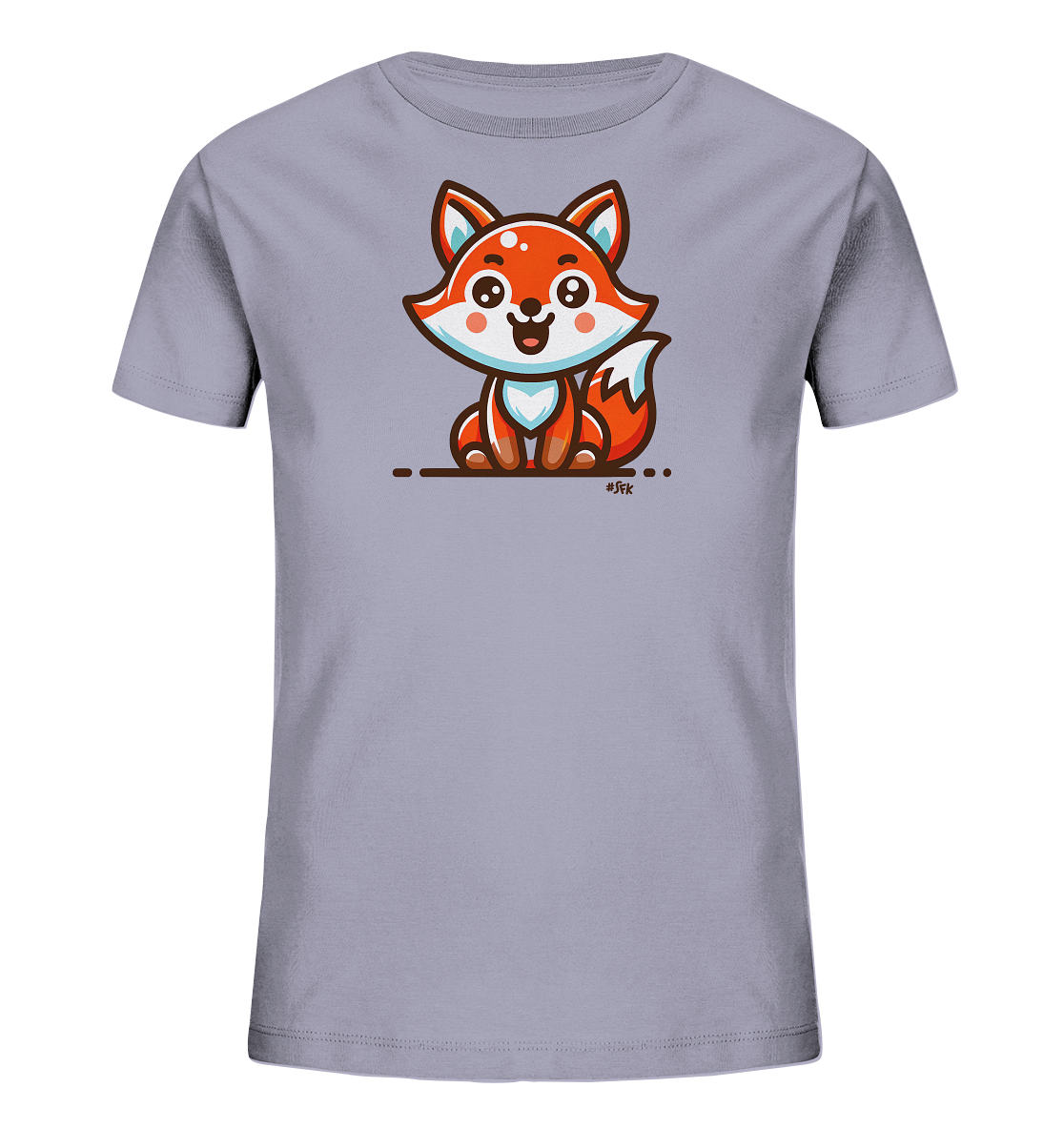 Onlineshop Shirts fuer Kinder - Das Bild zeigt ein hellgraues Kinder-T-Shirt mit einem niedlichen Cartoon-Fuchs-Motiv auf der Vorderseite. Der orangefarbene Fuchs sitzt in einer freundlichen Pose und hat grosse Ohren sowie ein breites Laecheln. Blaue Akzente und weisse Bereiche heben die Details hervor. Das Design verleiht dem Shirt einen verspielten Charakter.