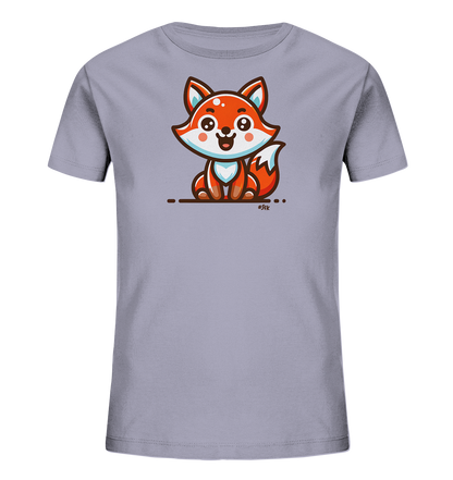 Onlineshop Shirts fuer Kinder - Das Bild zeigt ein hellgraues Kinder-T-Shirt mit einem niedlichen Cartoon-Fuchs-Motiv auf der Vorderseite. Der orangefarbene Fuchs sitzt in einer freundlichen Pose und hat grosse Ohren sowie ein breites Laecheln. Blaue Akzente und weisse Bereiche heben die Details hervor. Das Design verleiht dem Shirt einen verspielten Charakter.