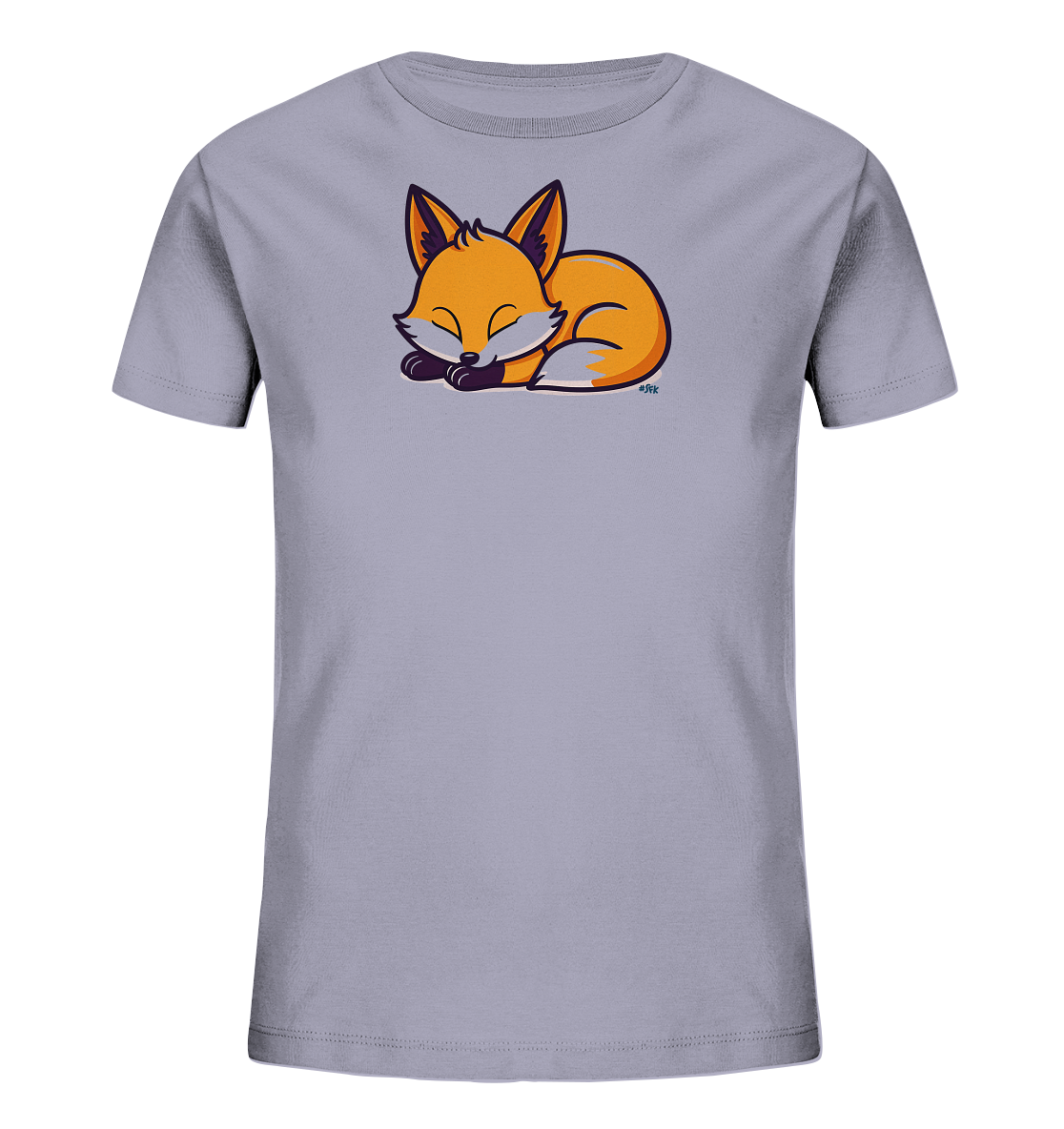 Onlineshop Shirts fuer Kinder - Das Bild zeigt ein hellgraues Kinder-T-Shirt. Auf der Vorderseite ist eine friedliche Illustration eines schlafenden Fuchses abgebildet. Der Fuchs ist orangefarben mit dunklen Konturen und hat die Augen geschlossen, waehrend er sich eingerollt hat. Das gesamte Design vermittelt eine ruhige und niedliche Ausstrahlung.