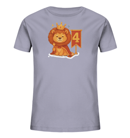 Kinder T-Shirt mit Löwenkönig, Krone, rotem Umhang und Zahl 4