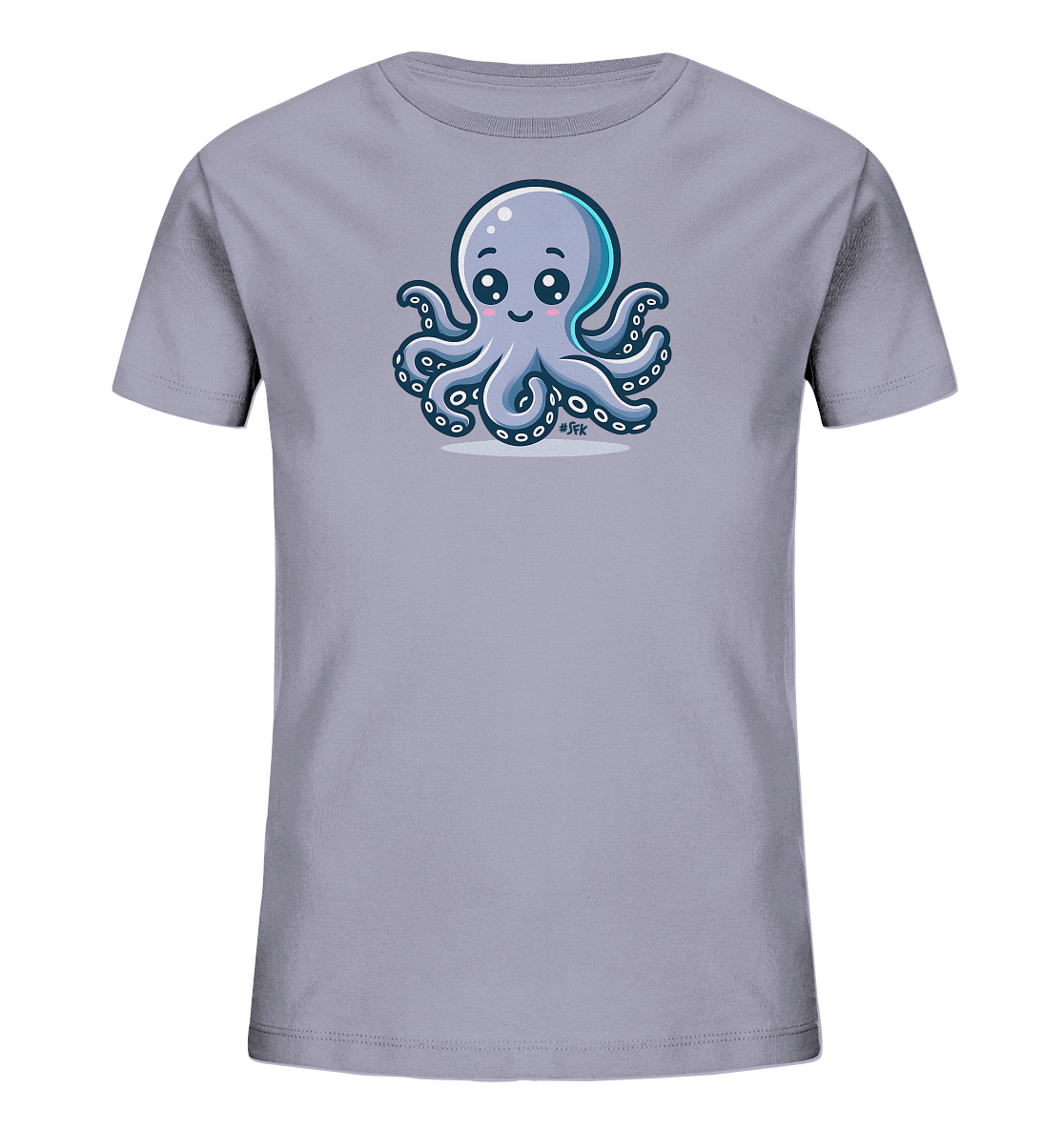 Onlineshop Shirts fuer Kinder - Dieses hellgraue T-Shirt fuer Kinder ist mit einer niedlichen Illustration eines blauen Oktopus verziert. Der Oktopus hat grosse, freundliche Augen und laechelt, sitzend auf einer stilisierten Grundlinie. Das Design ist froehlich und farbenfroh. Es ist ein neutrales und verspieltes Motiv, ideal fuer Kinder.