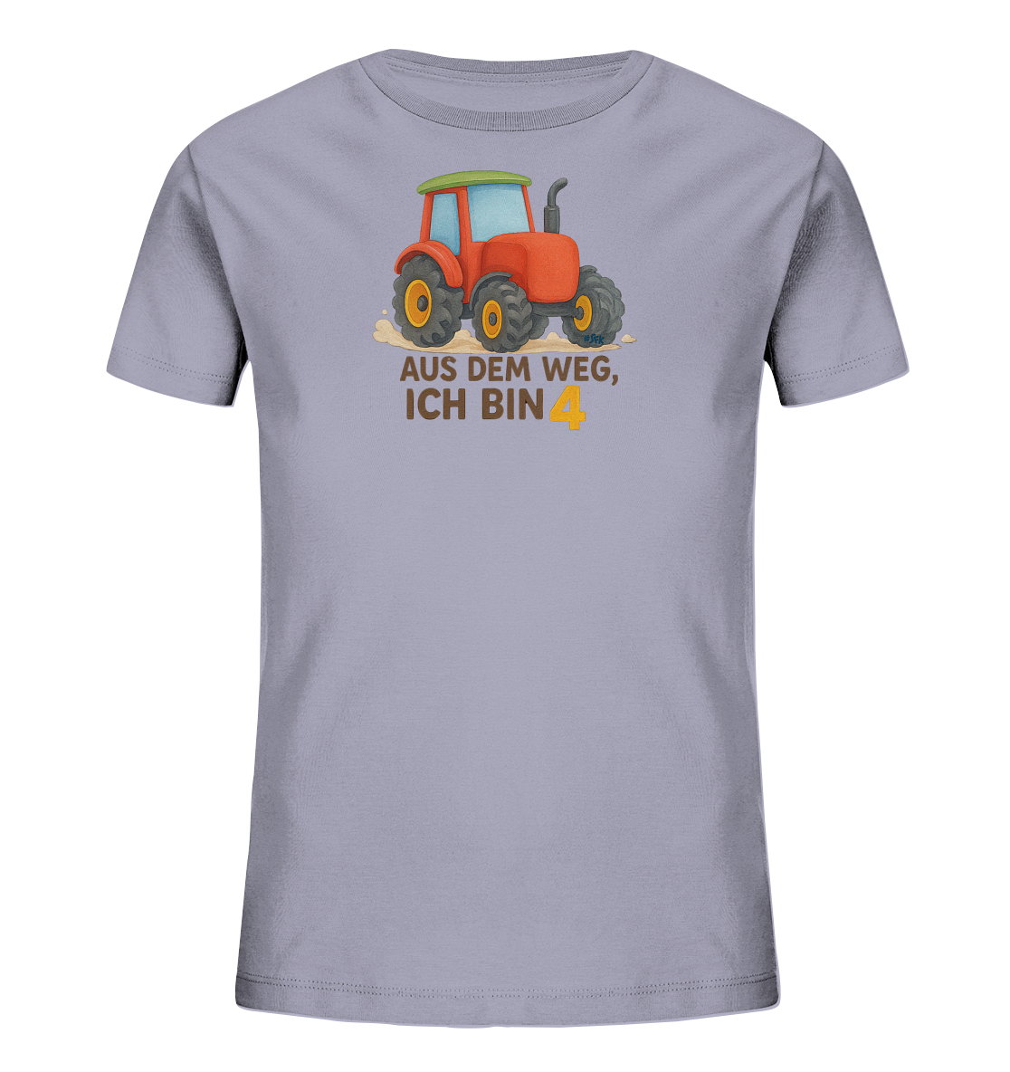 Onlineshop Shirts fuer Kinder - Das Bild zeigt ein hellgraues T-Shirt fuer Kinder mit einem bunten Traktormotiv. Der Traktor ist rot mit gruenem Dach und steht auf angedeutetem Untergrund. Darunter steht der Spruch "AUS DEM WEG, ICH BIN" und die grosse gelbe Zahl "4". Dieses Design ist ideal fuer kleine Traktor-Fans zum vierten Geburtstag.