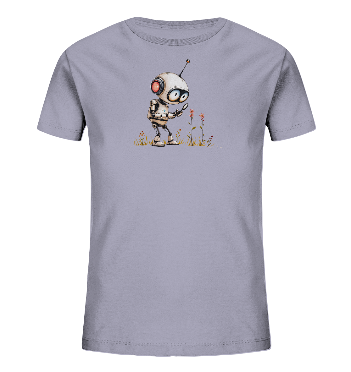 Onlineshop Shirts für Kinder - Das Bild zeigt ein Kinder-T-Shirt in einem hellen Lila- oder Lavendelton. Auf der Vorderseite ist eine detaillierte Illustration eines weißen Roboters zu sehen, der eine Lupe hält. Der Roboter steht in einer Wiese mit Grashalmen und kleinen Blumen und scheint eine Blüte genauer zu betrachten. Das Motiv ist im Comic-Stil gehalten und wirkt verspielt und lehrreich, ideal für neugierige Kinder.
