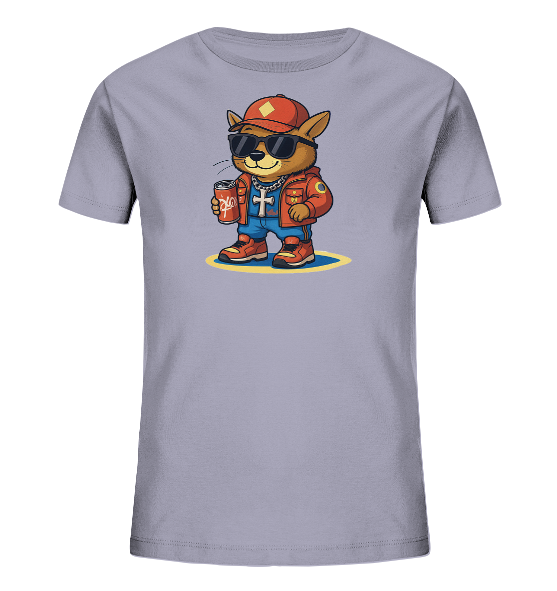Onlineshop Shirts fuer Kinder - Das Bild zeigt ein hellgraues T-Shirt fuer Kinder mit einem aufgedruckten Cartoon-Katzenmotiv. Die Katze ist modern gekleidet mit einer roten Kappe, Sonnenbrille, einer orangefarbenen Jacke und Sneakers. Sie haelt eine Dose und traegt eine Kette mit einem Kreuz-Anhaenger. Das Design wirkt stilvoll und ansprechend.