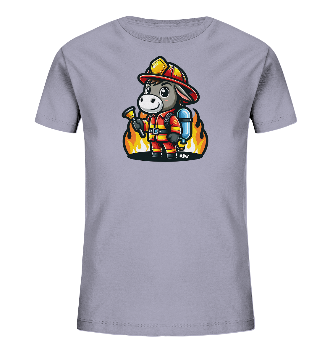 Kinder T-Shirt mit ein freundlicher Esel als Feuerwehrmann mit Helm, Anzug und Schlauch