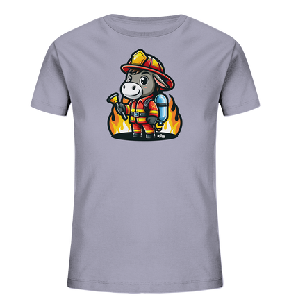 Kinder T-Shirt mit ein freundlicher Esel als Feuerwehrmann mit Helm, Anzug und Schlauch