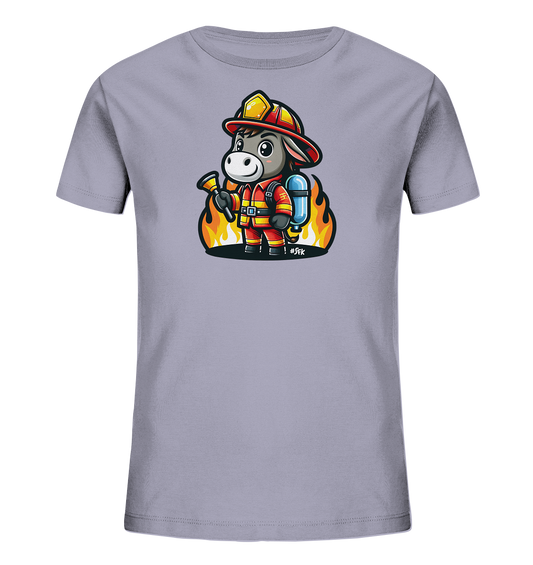Kinder T-Shirt mit ein freundlicher Esel als Feuerwehrmann mit Helm, Anzug und Schlauch