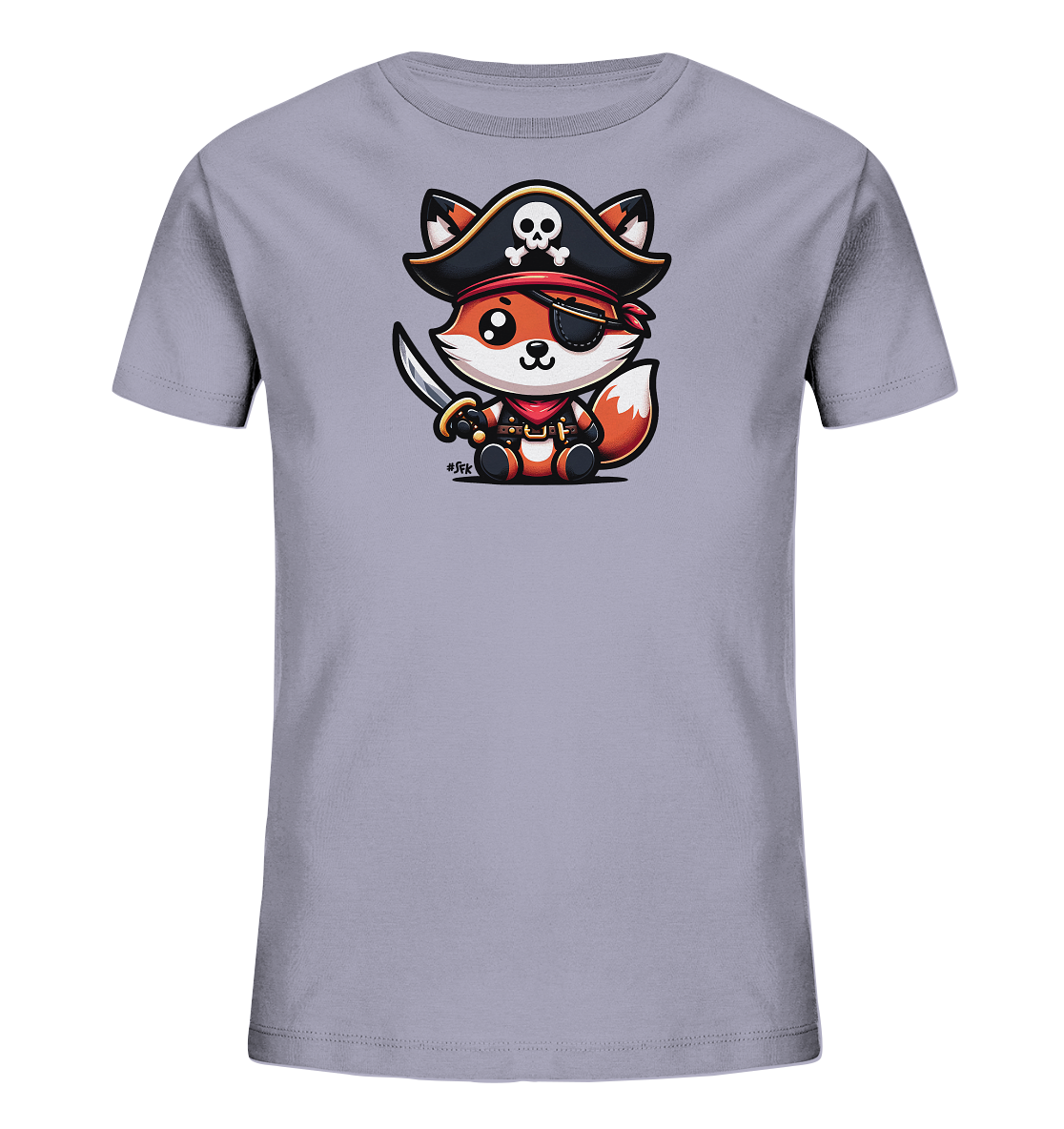 Onlineshop Shirts fuer Kinder - Das Bild zeigt ein hellgraues Kinder T-Shirt. Auf der Vorderseite ist eine niedliche Comic-Illustration eines Fuchses im Piratenkostuem zu sehen. Der Fuchs traegt einen Piratenhut, eine Augenklappe, eine Bandana und haelt ein Schwert. Das Motiv ist detailliert und freundlich gestaltet.