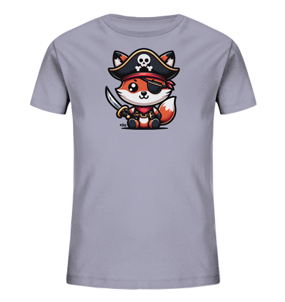 Onlineshop Shirts fuer Kinder - Das Bild zeigt ein hellgraues Kinder T-Shirt. Auf der Vorderseite ist eine niedliche Comic-Illustration eines Fuchses im Piratenkostuem zu sehen. Der Fuchs traegt einen Piratenhut, eine Augenklappe, eine Bandana und haelt ein Schwert. Das Motiv ist detailliert und freundlich gestaltet.