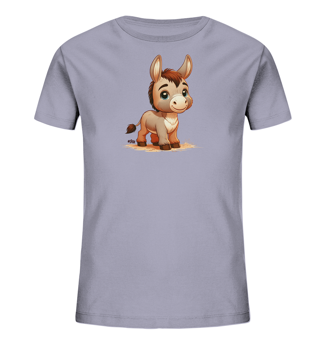 Onlineshop Shirts fuer Kinder - Das Bild zeigt ein hellgraues Kinder-T-Shirt mit einem niedlichen Print. Darauf ist ein kleiner, cartoonhafter Esel mit grossen Ohren abgebildet. Der Esel steht aufrecht und blickt freundlich nach vorne, umgeben von einer Darstellung von Stroh. Das Design wirkt verspielt und ansprechend fuer Kinder.