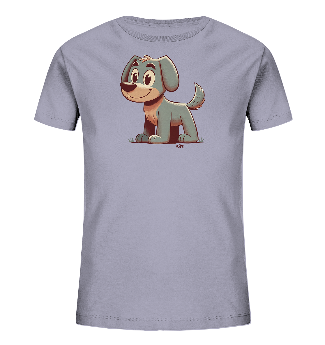 Onlineshop Shirts fuer Kinder - Das Bild zeigt ein hellviolettes T-Shirt mit einem niedlichen Comic-Motiv eines kleinen Hundes auf der Vorderseite. Der Hund ist blau-grau mit beigen Details, sitzt auf stilisiertem Gras und blickt freundlich nach vorne. Die Illustration ist farbenfroh und kindgerecht gestaltet.