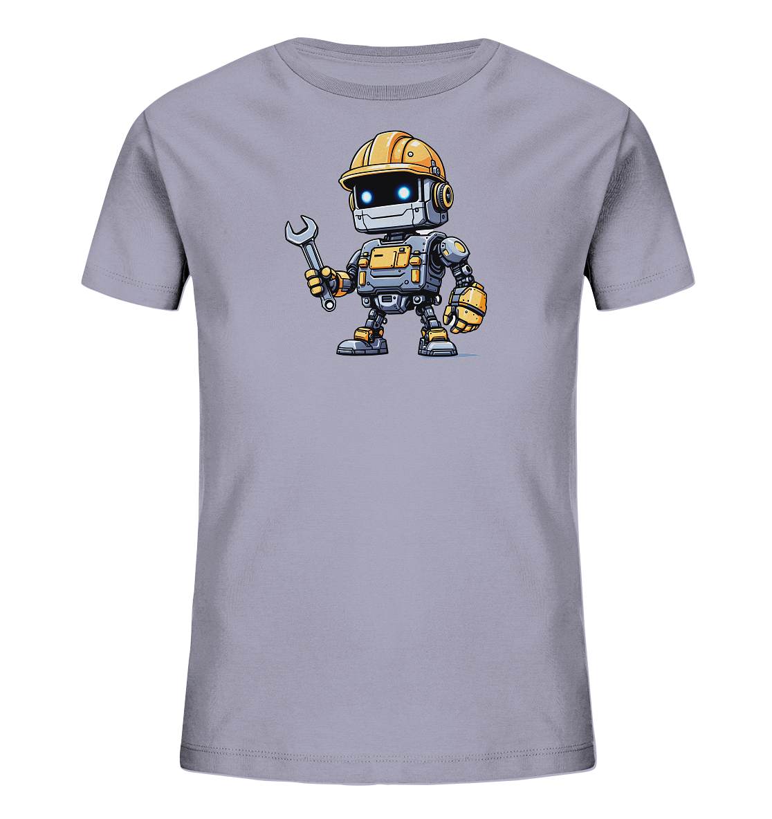 Onlineshop Shirts für Kinder - Das Bild zeigt ein graues Kinder-T-Shirt, auf dessen Vorderseite ein Comic-ähnlicher Roboter abgebildet ist. Der Roboter trägt einen gelben Bauhelm und hält in seiner rechten Hand einen Schraubenschlüssel. Er hat leuchtend blaue Augen und ist in einer freundlichen, stehenden Pose dargestellt. Die Illustration des Roboters verwendet Grautöne mit Akzenten in Gelb, Grau und Blau, was dem T-Shirt ein technisches und verspieltes Aussehen verleiht.