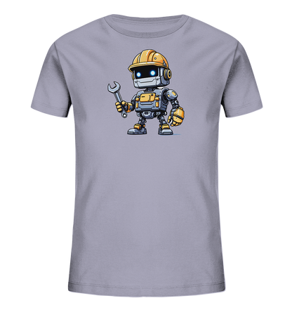 Onlineshop Shirts für Kinder - Das Bild zeigt ein graues Kinder-T-Shirt, auf dessen Vorderseite ein Comic-ähnlicher Roboter abgebildet ist. Der Roboter trägt einen gelben Bauhelm und hält in seiner rechten Hand einen Schraubenschlüssel. Er hat leuchtend blaue Augen und ist in einer freundlichen, stehenden Pose dargestellt. Die Illustration des Roboters verwendet Grautöne mit Akzenten in Gelb, Grau und Blau, was dem T-Shirt ein technisches und verspieltes Aussehen verleiht.