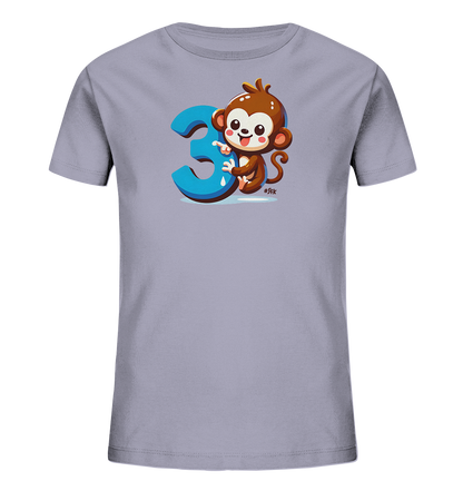 Onlineshop Shirts fuer Kinder - Das Bild zeigt ein hellgraues T-Shirt fuer Kinder mit einem verspielten Motiv. Darauf ist ein brauner Cartoon-Affe abgebildet, der froehlich laechelt und auf die grosse, blaue Zahl '3' neben sich zeigt. Das Design ist farbenfroh und kindgerecht gestaltet, ideal fuer kleine Entdecker.