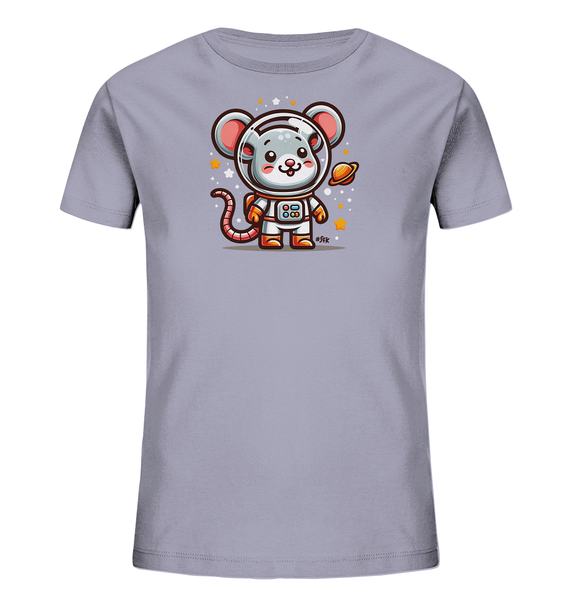 Onlineshop Shirts fuer Kinder - Das Bild zeigt ein hellgraues Kinder T-Shirt mit einem Motiv einer Astronauten Maus. Die Maus traegt einen weissen Raumanzug und haelt einen kleinen orangefarbenen Planeten. Um das Motiv herum sind kleine Sterne und Punkte verteilt. Das Design wirkt freundlich und detailreich.