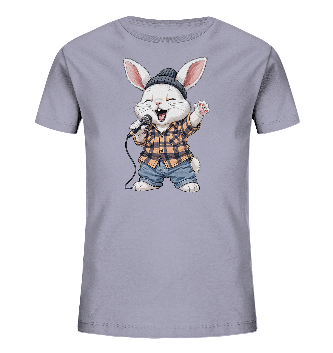 Onlineshop Shirts fuer Kinder - Das Bild zeigt ein hellgraues Kinder-T-Shirt mit einem lustigen Motiv eines Hasen, der singt. Der Hase traegt eine dunkle Muetze, ein kariertes Hemd und kurze Jeanshosen. Er haelt ein Mikrofon und hat einen froehlichen Gesichtsausdruck, als wuerde er gerade performen. Das Design wirkt verspielt und dynamisch.