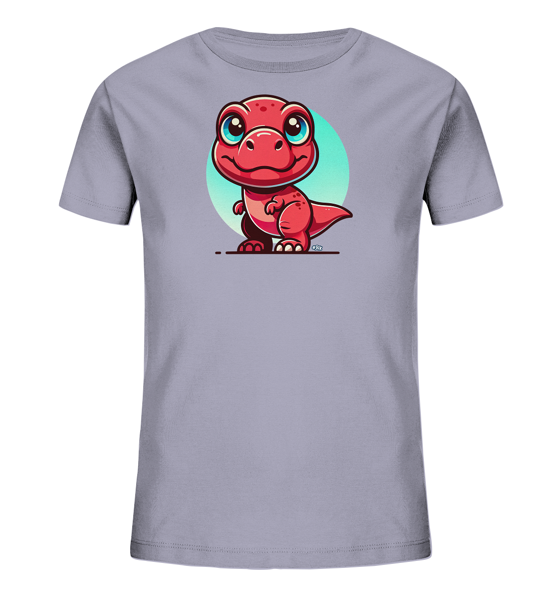 Onlineshop Shirts für Kinder - Das Bild zeigt ein graues T-Shirt für Kinder mit einem auffälligen Aufdruck auf der Vorderseite. Dieser Aufdruck zeigt einen roten Cartoon-Dinosaurier mit großen blauen Augen und einem freundlichen Ausdruck. Der Dinosaurier steht vor einem kreisförmigen Hintergrund in hellem Türkisblau. Das Design ist liebevoll gestaltet und wirkt sehr kinderfreundlich.