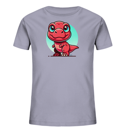 Onlineshop Shirts für Kinder - Das Bild zeigt ein graues T-Shirt für Kinder mit einem auffälligen Aufdruck auf der Vorderseite. Dieser Aufdruck zeigt einen roten Cartoon-Dinosaurier mit großen blauen Augen und einem freundlichen Ausdruck. Der Dinosaurier steht vor einem kreisförmigen Hintergrund in hellem Türkisblau. Das Design ist liebevoll gestaltet und wirkt sehr kinderfreundlich.