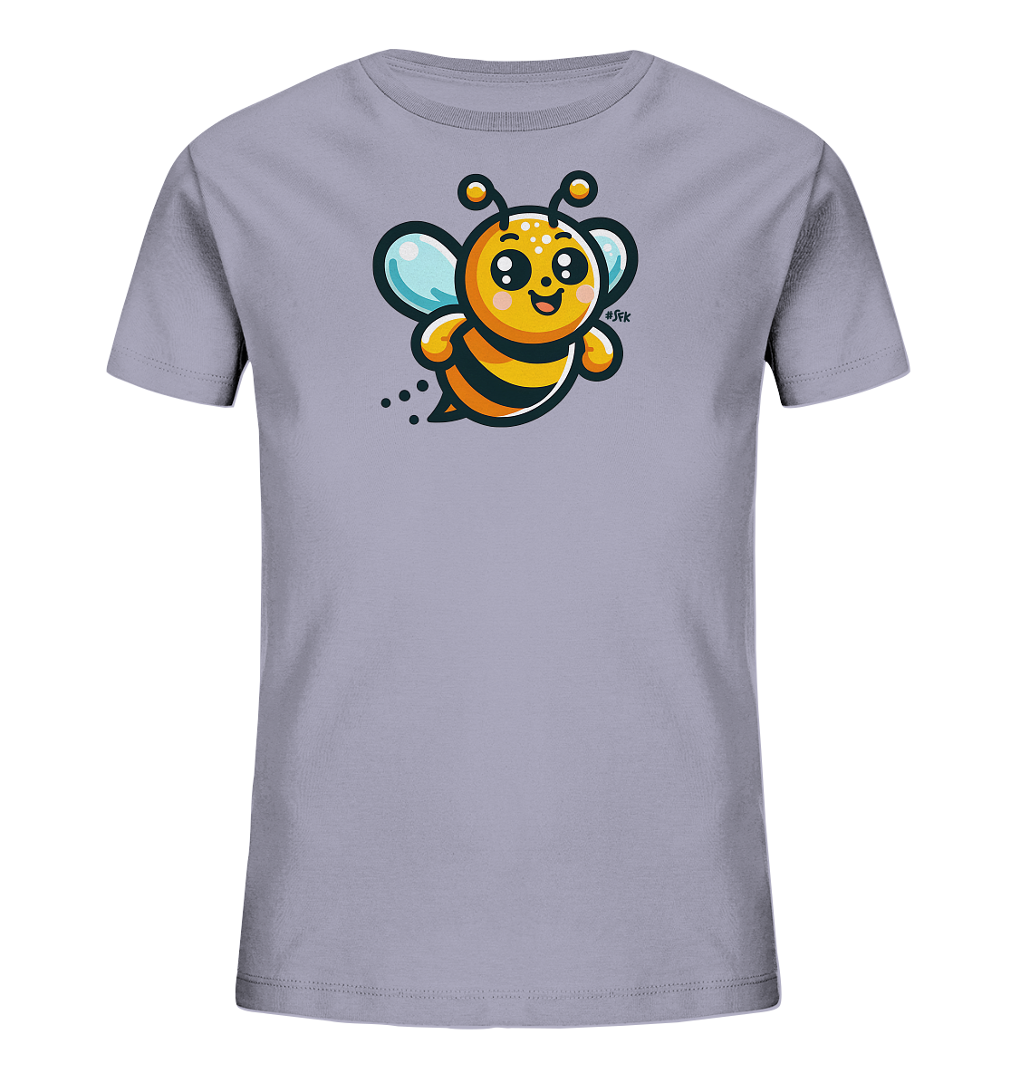 Onlineshop Shirts fuer Kinder - Das Bild zeigt ein Kindert-Shirt in einem hellen Grauton. Auf der Vorderseite ist eine niedliche, laechelnde Cartoon-Biene zu sehen. Die Biene hat orangefarbene und schwarze Streifen sowie hellblaue Fluegel und fliegt nach links. Das Design wirkt verspielt und kinderfreundlich.