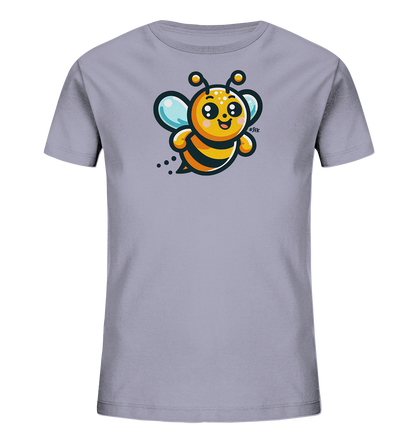 Onlineshop Shirts fuer Kinder - Das Bild zeigt ein Kindert-Shirt in einem hellen Grauton. Auf der Vorderseite ist eine niedliche, laechelnde Cartoon-Biene zu sehen. Die Biene hat orangefarbene und schwarze Streifen sowie hellblaue Fluegel und fliegt nach links. Das Design wirkt verspielt und kinderfreundlich.