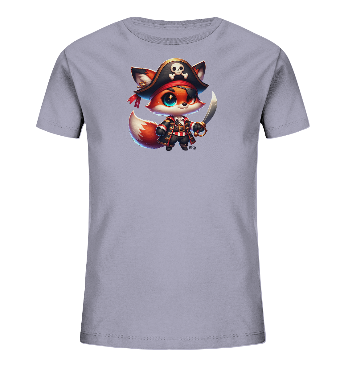 Onlineshop Shirts fuer Kinder - Das Bild zeigt ein hellviolettes Kinder-T-Shirt mit einem Comic-Motiv auf der Vorderseite. Abgebildet ist ein kleiner Fuchs, der als Pirat verkleidet ist und ein Schwert haelt. Der Fuchs traegt eine Piratenmuetze mit Totenkopf und eine Augenklappe. Das gesamte Design des T-Shirts wirkt niedlich und verspielt.