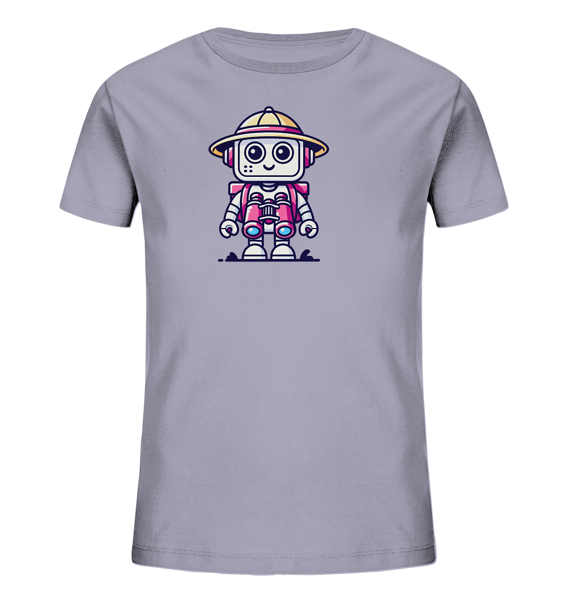 Onlineshop Shirts für Kinder - Das Bild zeigt ein graues Kinder-T-Shirt mit einer farbenfrohen Illustration auf der Vorderseite. Die Grafik stellt einen kleinen Roboter im Cartoon-Stil dar, der einen gelben Hut mit pinkem Band und eine pinke Weste trägt. Der Roboter hält ein Fernglas in den Händen und steht auf einer stilisierten dunklen Grundlinie. Das Design verwendet lebhafte Farben wie Pink, Gelb, Blau und Weiß, die sich vom grauen Stoff abheben.