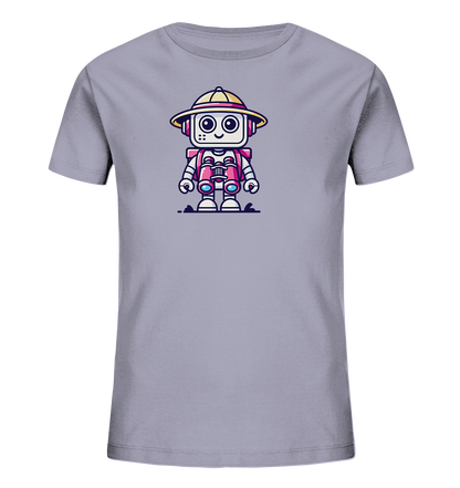 Onlineshop Shirts für Kinder - Das Bild zeigt ein graues Kinder-T-Shirt mit einer farbenfrohen Illustration auf der Vorderseite. Die Grafik stellt einen kleinen Roboter im Cartoon-Stil dar, der einen gelben Hut mit pinkem Band und eine pinke Weste trägt. Der Roboter hält ein Fernglas in den Händen und steht auf einer stilisierten dunklen Grundlinie. Das Design verwendet lebhafte Farben wie Pink, Gelb, Blau und Weiß, die sich vom grauen Stoff abheben.