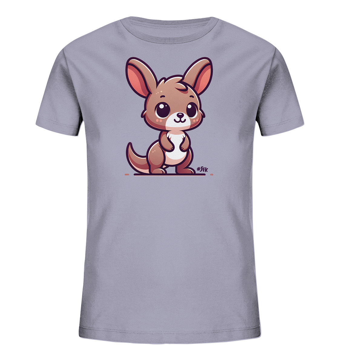 Onlineshop Shirts fuer Kinder - Das Bild zeigt ein hellgraues T-Shirt fuer Kinder mit einem niedlichen Kaenguru-Motiv auf der Vorderseite. Das Kaenguru ist im Cartoon-Stil gezeichnet, hat grosse Augen und Ohren und steht aufrecht. Das Design wirkt freundlich und verspielt.