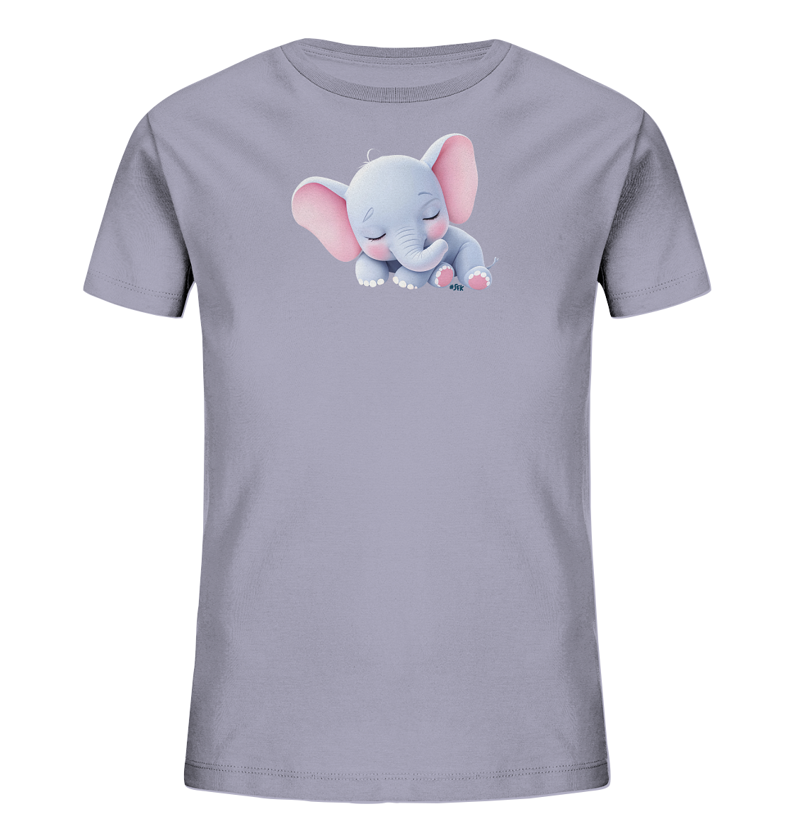 Onlineshop Shirts fuer Kinder - Das Bild zeigt ein hellgraues Kinder-T-Shirt mit einem niedlichen Motiv. Auf der Vorderseite ist eine friedlich schlafende, hellblaue Elefantenillustration zu sehen. Der Elefant hat rosafarbene Ohren und Fusssohlen und liegt auf seiner Seite mit geschlossenen Augen. Das Design verleiht dem Shirt einen sanften und beruhigenden Charakter.