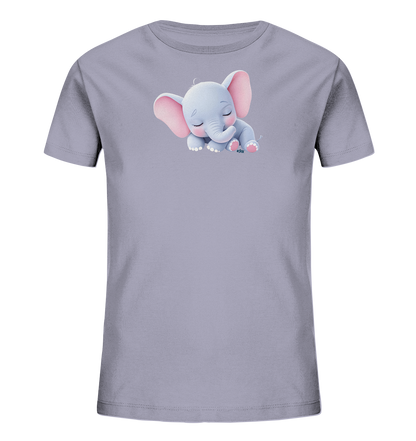 Onlineshop Shirts fuer Kinder - Das Bild zeigt ein hellgraues Kinder-T-Shirt mit einem niedlichen Motiv. Auf der Vorderseite ist eine friedlich schlafende, hellblaue Elefantenillustration zu sehen. Der Elefant hat rosafarbene Ohren und Fusssohlen und liegt auf seiner Seite mit geschlossenen Augen. Das Design verleiht dem Shirt einen sanften und beruhigenden Charakter.