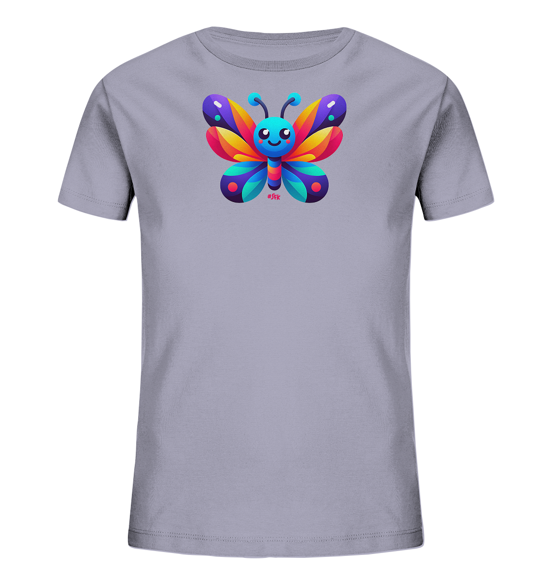 Onlineshop Shirts fuer Kinder - Das Bild zeigt ein T-Shirt in einem hellen Grauton. Auf der Vorderseite ist ein farbenfroher Cartoon-Schmetterling mit breiten, leuchtenden Fluegeln in Blau-, Gelb-, Orange- und Rosatoenen. Der Schmetterling hat einen blauen Koerper und ein freundliches, laechelndes Gesicht. Dieses froehliche Design ist ideal fuer Kinder.