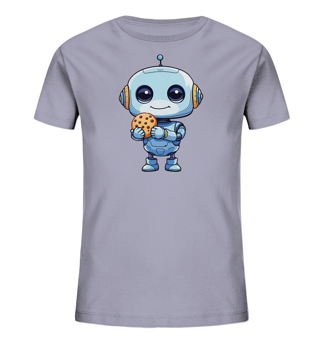 Onlineshop Shirts für Kinder - Das Bild präsentiert ein hellgraues T-Shirt für Kinder mit einem freundlichen Motiv auf der Vorderseite. Es zeigt eine Illustration eines kleinen, hellblauen Roboters mit großen, freundlichen Augen und orangefarbenen Akzenten. Der Roboter hält einen braunen Keks mit Schokoladenstückchen in seinen Händen. Das Design ist im Cartoon-Stil gehalten und wirkt verspielt und kindgerecht.