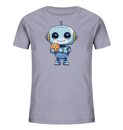 Onlineshop Shirts für Kinder - Das Bild präsentiert ein hellgraues T-Shirt für Kinder mit einem freundlichen Motiv auf der Vorderseite. Es zeigt eine Illustration eines kleinen, hellblauen Roboters mit großen, freundlichen Augen und orangefarbenen Akzenten. Der Roboter hält einen braunen Keks mit Schokoladenstückchen in seinen Händen. Das Design ist im Cartoon-Stil gehalten und wirkt verspielt und kindgerecht.