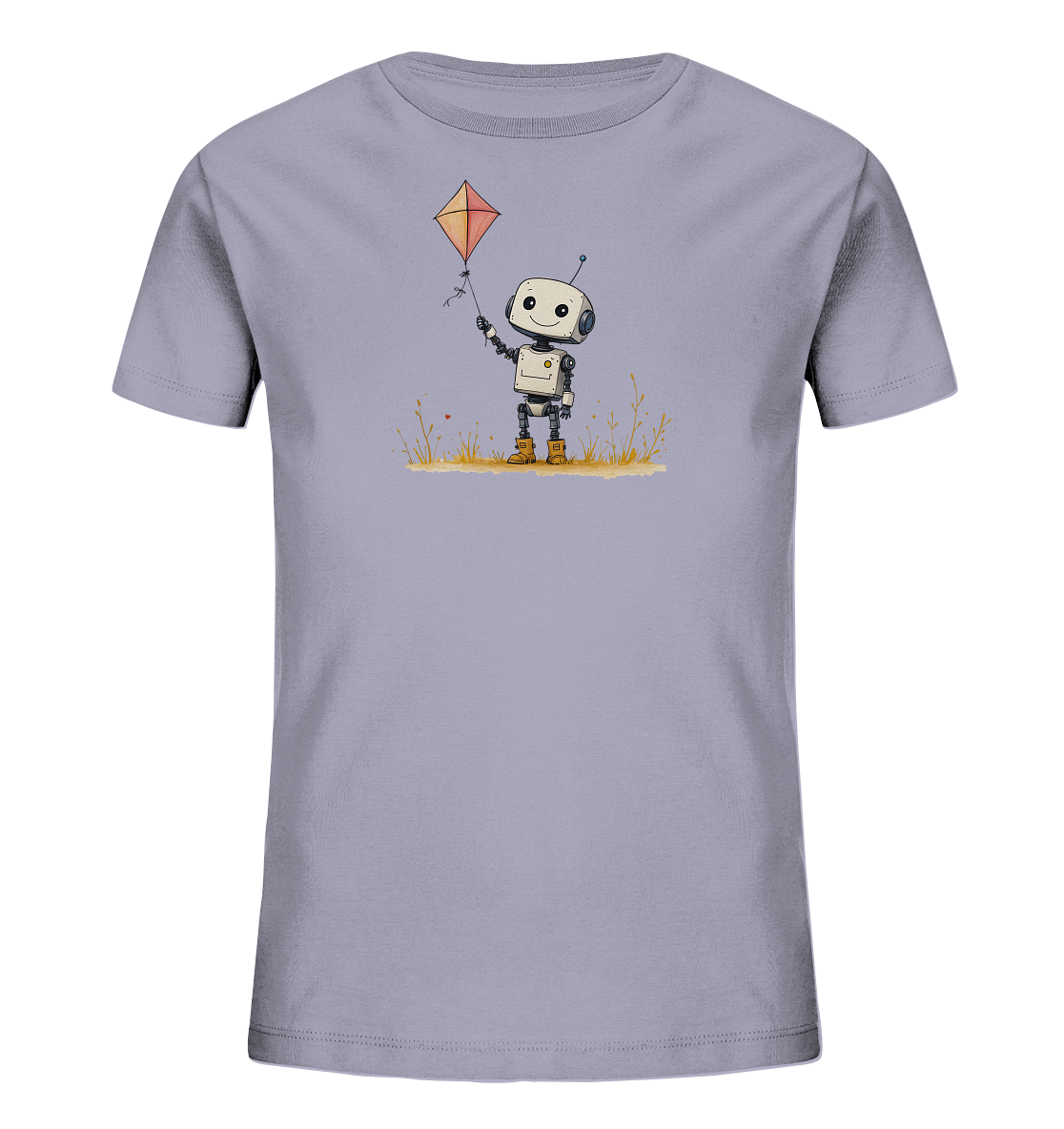 Onlineshop Shirts für Kinder - Das Bild zeigt ein Kinder-T-Shirt in einem hellen Grau- oder Blauton, das vor einem schwarzen Hintergrund präsentiert wird. Auf der Vorderseite des Shirts ist eine Illustration eines freundlichen Roboters zu sehen, der einen bunten Drachen hält. Der kleine Roboter steht in einer skizzierten Landschaft mit Gras und kleinen Blumen und hat ein Lächeln auf dem Gesicht. Das gesamte Design wirkt fröhlich und verspielt und ist ideal für Kinder.