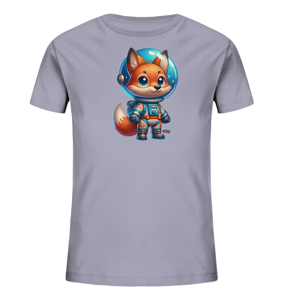 Onlineshop Shirts fuer Kinder - Dieses Bild zeigt ein hellgraues T-Shirt fuer Kinder mit einem niedlichen Aufdruck. Zu sehen ist ein cartoonhafter Fuchs in einem detaillierten Astronautenanzug. Der Fuchs traegt einen Helm und steht aufrecht, waehrend im Hintergrund des Helms Sterne und ein Farbmuster sichtbar sind. Das Motiv wirkt verspielt und eignet sich gut fuer Weltraum-Fans.
