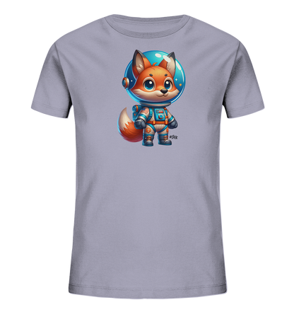 Onlineshop Shirts fuer Kinder - Dieses Bild zeigt ein hellgraues T-Shirt fuer Kinder mit einem niedlichen Aufdruck. Zu sehen ist ein cartoonhafter Fuchs in einem detaillierten Astronautenanzug. Der Fuchs traegt einen Helm und steht aufrecht, waehrend im Hintergrund des Helms Sterne und ein Farbmuster sichtbar sind. Das Motiv wirkt verspielt und eignet sich gut fuer Weltraum-Fans.