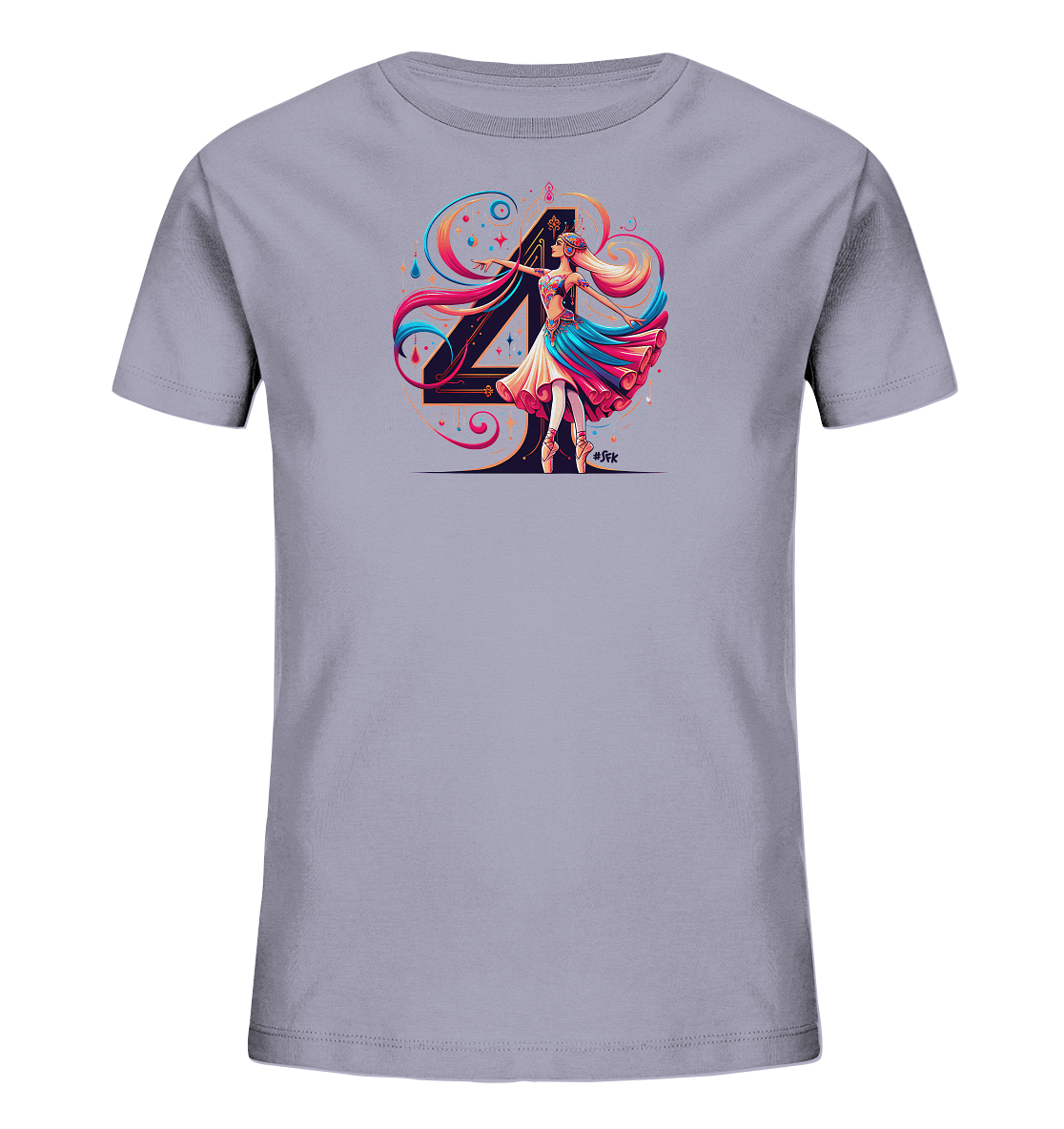Onlineshop Shirts fuer Kinder - Das Bild zeigt ein helllila Kinder-T-Shirt mit einem grossen schwarzen "4" als zentralem Element. Davor tanzt eine Ballerina in einem bunten Kleid, umgeben von farbigen, dynamischen Wirbeln und Punkten. Das Design ist kuenstlerisch und lebhaft, ideal fuer kleine Tanzfans.