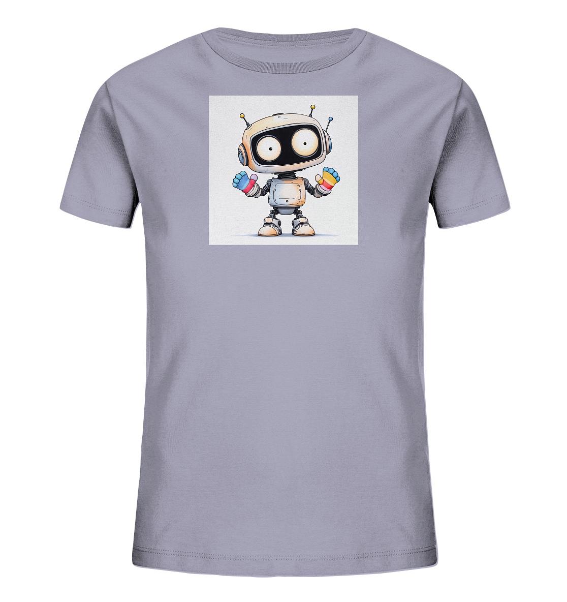 Onlineshop Shirts für Kinder - Das Bild zeigt ein hellgraues Kinder-T-Shirt auf einem neutralen Hintergrund. Auf der Vorderseite ist ein quadratischer Druck eines niedlichen Cartoon-Roboters platziert. Der Roboter ist weiß mit schwarzen Augen, hat Antennen auf dem Kopf und seine Hände sind in Regenbogenfarben gestaltet. Das Design wirkt freundlich und verspielt und ist ideal für Kinder, die Roboter mögen.