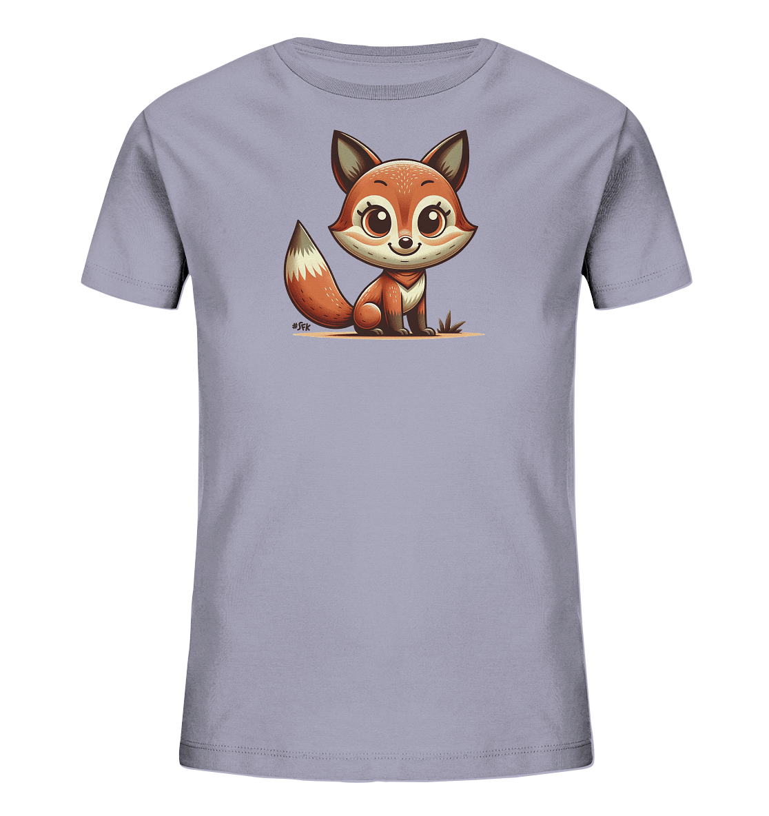 Onlineshop Shirts fuer Kinder - Das Bild zeigt ein hellgraues Kinder-T-Shirt mit einem niedlichen Fuchsmotiv auf der Vorderseite. Der cartoonhafte Fuchs sitzt auf dem Boden und blickt mit grossen Augen nach vorne. Sein Fell ist in warmen Orangetoenen gehalten, und sein buschiger Schwanz ist deutlich zu sehen. Die Illustration verleiht dem Shirt eine verspielte Note.