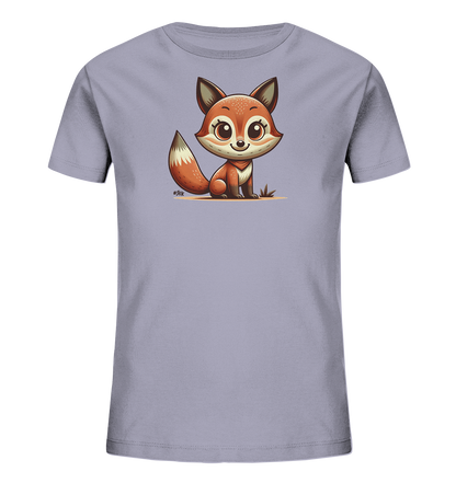 Onlineshop Shirts fuer Kinder - Das Bild zeigt ein hellgraues Kinder-T-Shirt mit einem niedlichen Fuchsmotiv auf der Vorderseite. Der cartoonhafte Fuchs sitzt auf dem Boden und blickt mit grossen Augen nach vorne. Sein Fell ist in warmen Orangetoenen gehalten, und sein buschiger Schwanz ist deutlich zu sehen. Die Illustration verleiht dem Shirt eine verspielte Note.