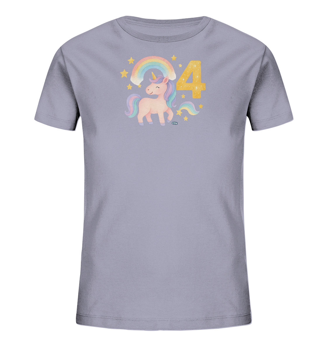 Onlineshop Shirts fuer Kinder - Das Bild zeigt ein hellgraues T-Shirt mit einem farbenfrohen Aufdruck. Zu sehen ist ein freundliches Einhorn mit bunter Maehne und Schweif, neben einem pastellfarbenen Regenbogen. Über dem Einhorn schweben gelbe Sterne. Die Zahl '4' in glaenzendem Goldgelb steht markant daneben und rundet das verspielte Motiv ab.