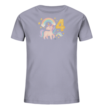 Onlineshop Shirts fuer Kinder - Das Bild zeigt ein hellgraues T-Shirt mit einem farbenfrohen Aufdruck. Zu sehen ist ein freundliches Einhorn mit bunter Maehne und Schweif, neben einem pastellfarbenen Regenbogen. Über dem Einhorn schweben gelbe Sterne. Die Zahl '4' in glaenzendem Goldgelb steht markant daneben und rundet das verspielte Motiv ab.