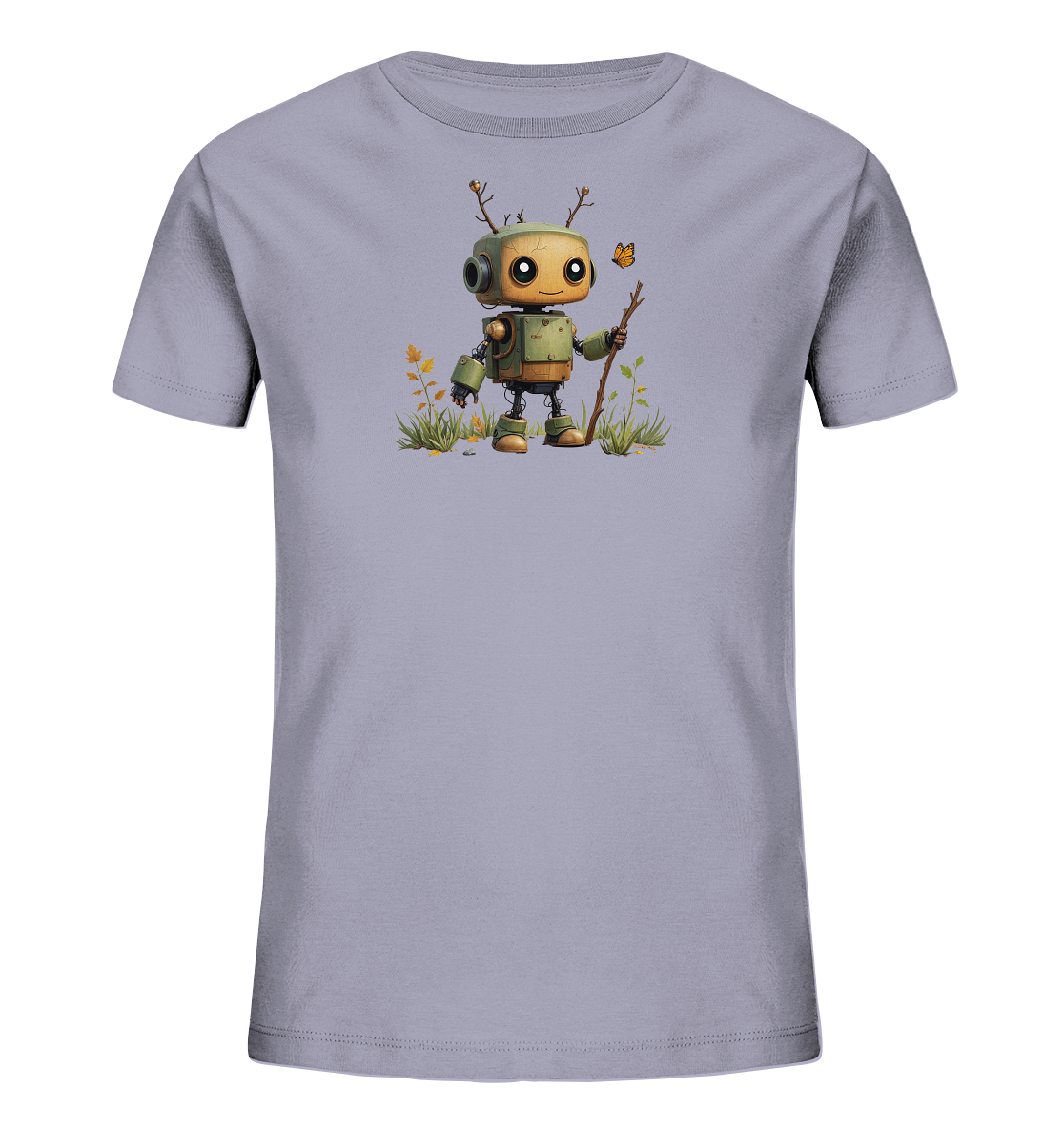 Onlineshop Shirts für Kinder - Das Bild zeigt ein kurzärmeliges Kinder T-Shirt in einem hellgrauen Farbton. Auf der Vorderseite ist eine farbige Illustration eines freundlich aussehenden, grünen Roboters zu sehen. Der Roboter hat große runde Augen, kleine Äste als Antennen und hält einen Ast oder Stock in seiner rechten Hand. Er steht in einer stilisierten Wiese mit Gras, orangefarbenen Pflanzen und einem kleinen gelben Schmetterling, der über ihm fliegt.