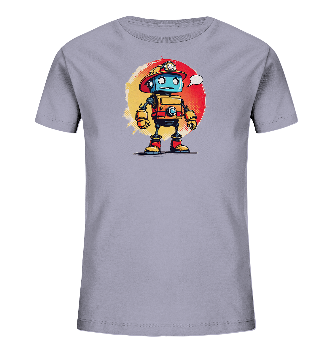 Onlineshop Shirts für Kinder - Das Bild zeigt ein Kinder-T-Shirt in einem hellgrauen Farbton. Auf der Vorderseite ist eine detailreiche Illustration eines freundlichen Roboters zu sehen, der einen roten Feuerwehrmann-Hut trägt. Hinter dem Roboter befindet sich eine kreisförmige Grafik mit einem Farbverlauf von Gelb zu Rot. Über dem Kopf des Roboters ist eine kleine Sprechblase dargestellt, die den verspielten Charakter des Designs unterstreicht.