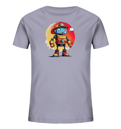 Onlineshop Shirts für Kinder - Das Bild zeigt ein Kinder-T-Shirt in einem hellgrauen Farbton. Auf der Vorderseite ist eine detailreiche Illustration eines freundlichen Roboters zu sehen, der einen roten Feuerwehrmann-Hut trägt. Hinter dem Roboter befindet sich eine kreisförmige Grafik mit einem Farbverlauf von Gelb zu Rot. Über dem Kopf des Roboters ist eine kleine Sprechblase dargestellt, die den verspielten Charakter des Designs unterstreicht.