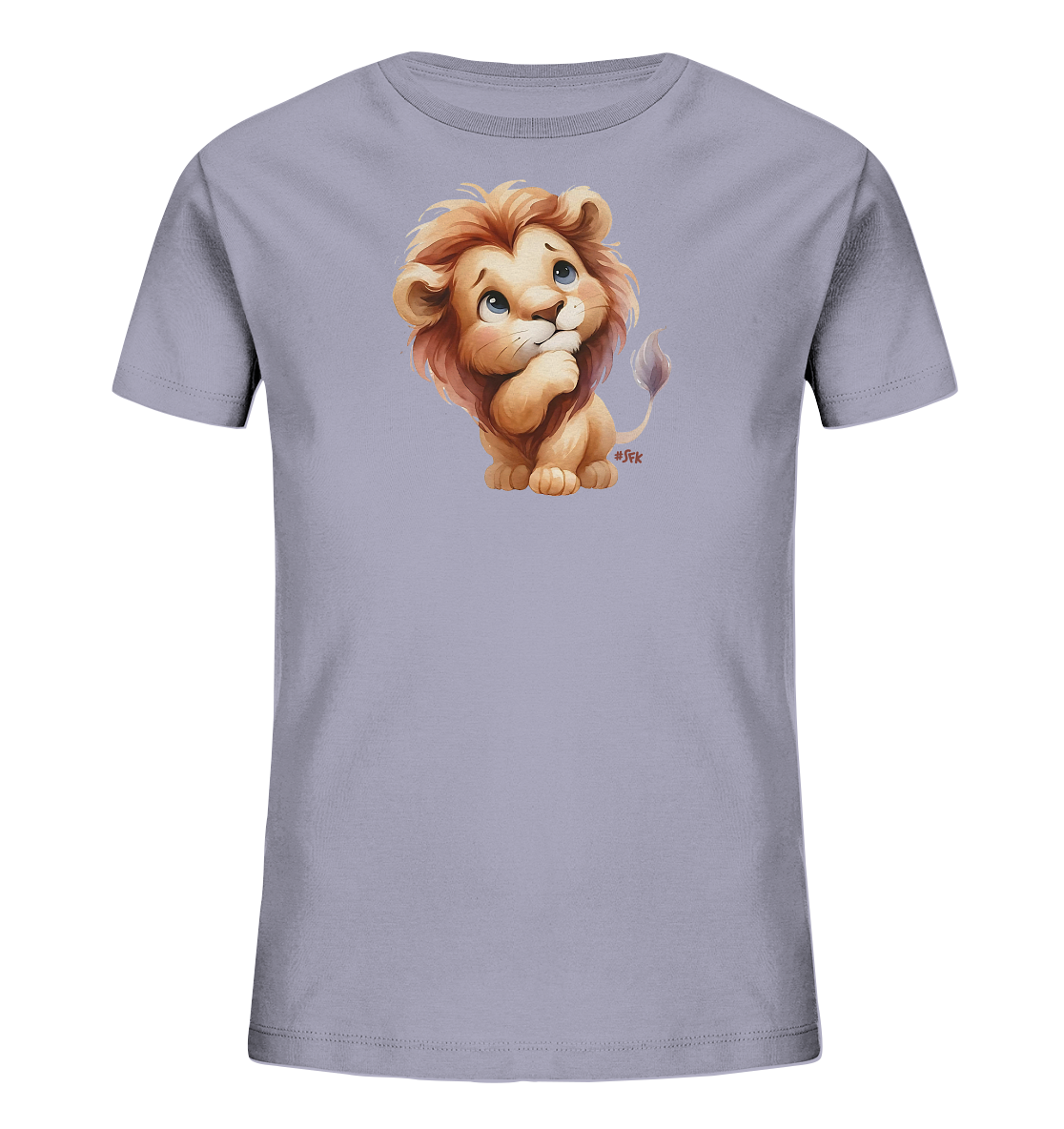 Kinder T-Shirt mit nachdenklichem Cartoon-Löwen und großen blauen Augen