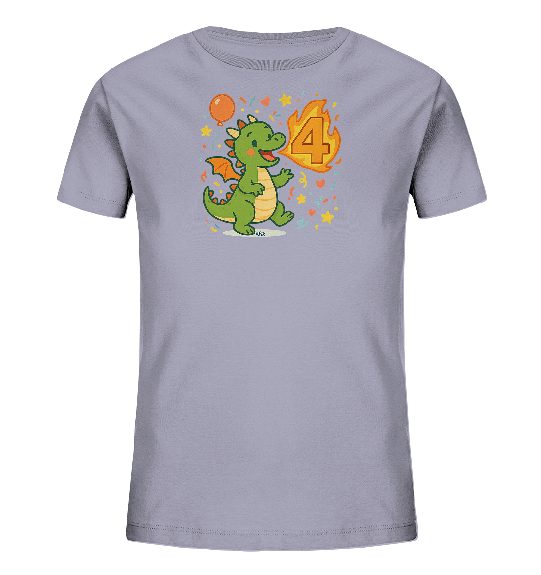 Onlineshop Shirts fuer Kinder - Das Bild zeigt ein hellgraues Kinder T-Shirt mit einem froehlichen Motiv auf der Vorderseite. Ein gruener Cartoon-Drache laeuft ueber das Shirt und speit Feuer, das die Zahl '4' formt. Ein oranger Ballon, gelbe Sterne und bunte Konfetti-Punkte umgeben das Motiv. Das Design wirkt verspielt und farbenfroh, ideal fuer einen vierten Geburtstag.