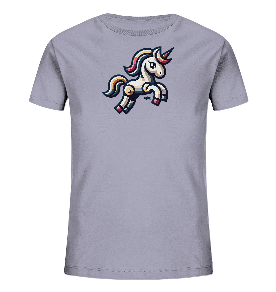 Onlineshop Shirts fuer Kinder - Das Bild zeigt ein hellgraues Kinder T-Shirt. Auf der Vorderseite ist eine bunte Grafik eines springenden Einhorns abgebildet. Das Einhorn hat eine farbige Maehne und Schweif in verschiedenen Pastelltoenen. Das Design wirkt verspielt und modern.