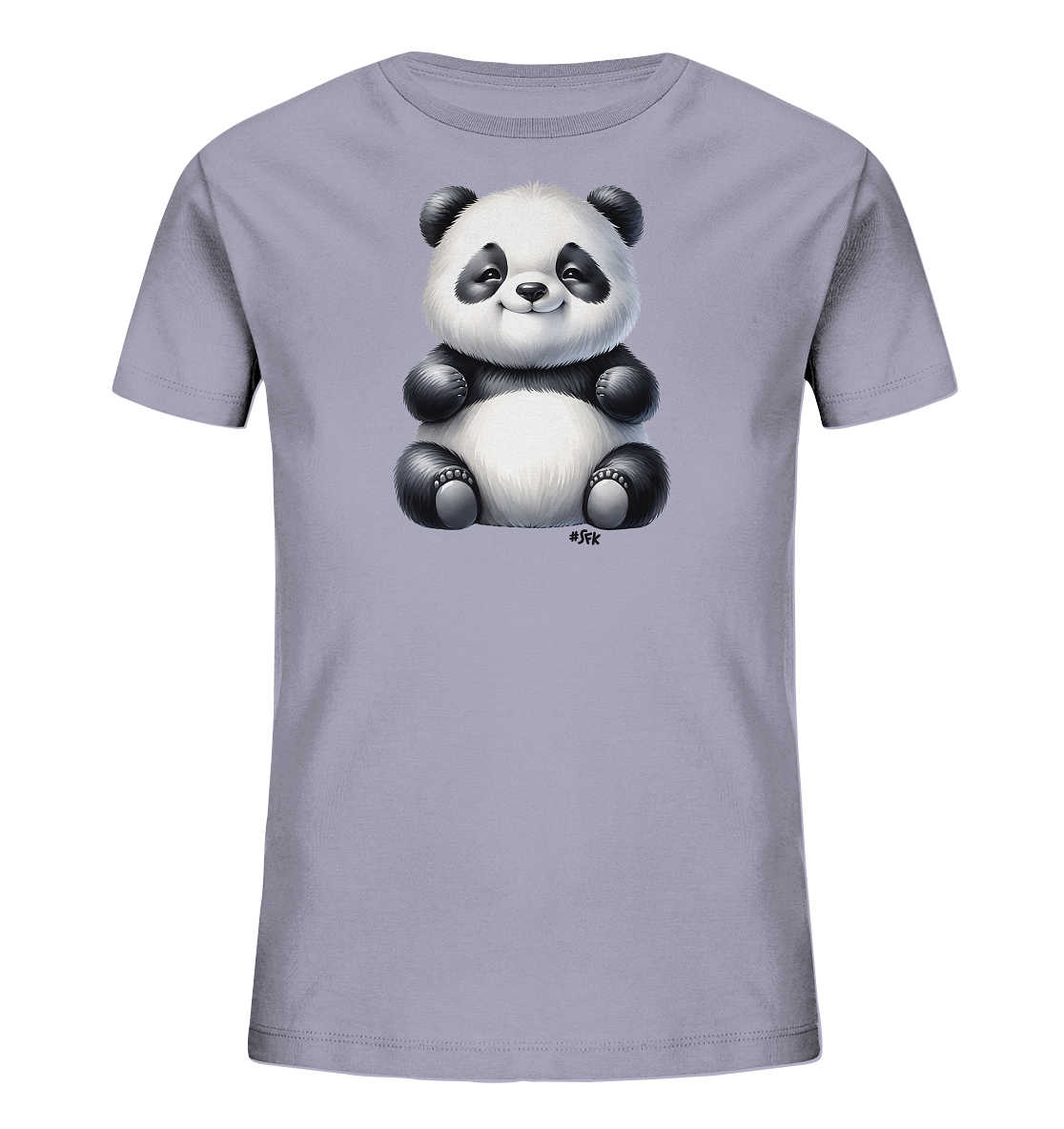 Onlineshop Shirts fuer Kinder - Das Bild zeigt ein hellgraues T-Shirt fuer Kinder. Auf der Vorderseite ist ein suesser, sitzender Panda abgebildet. Der Panda hat grosse Augen, runde Ohren und ein freundliches Laecheln. Das Design ist schlicht und niedlich, ideal fuer kleine Panda-Fans.