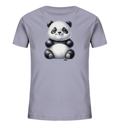 Kinder T-Shirt mit ein sitzender Panda mit schwarz-weißem Fell und freundlichem Lächeln